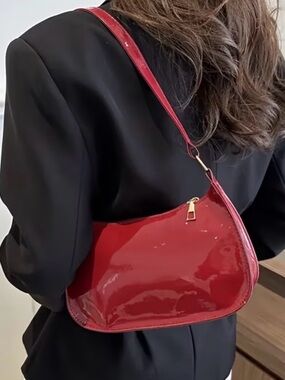 Burgundy Patent Shoulder Bag - Women's Stylish Carryall